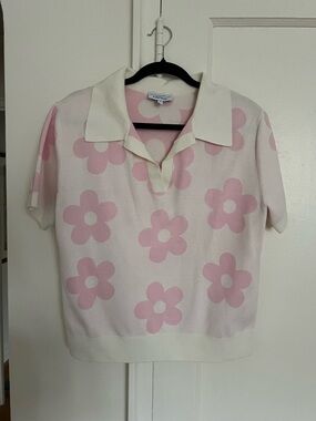 & Other Stories Cream and Pink Floral Short Sleeve Polo Top